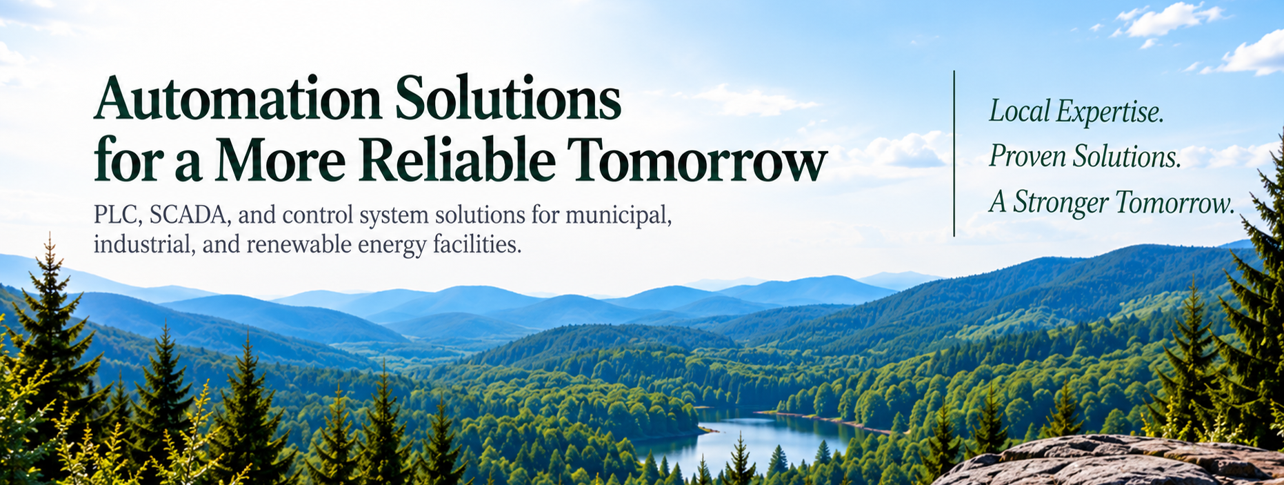 White Oak Automation & Controls hero banner overlooking a Vermont mountain and lake landscape