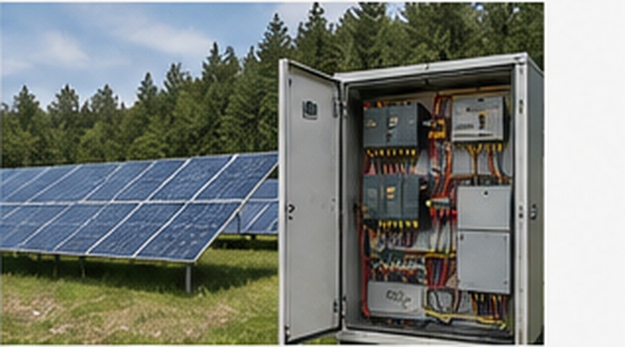 Solar panels with woods and an open inverter control panel